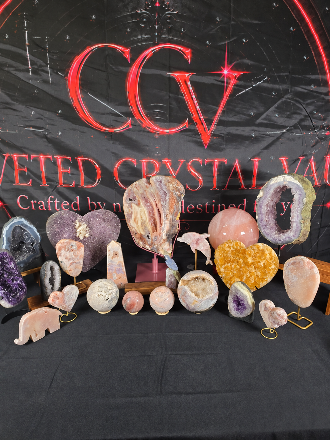 A selection of Coveted Crystal Vault hearts, spheres, geodes and carvings